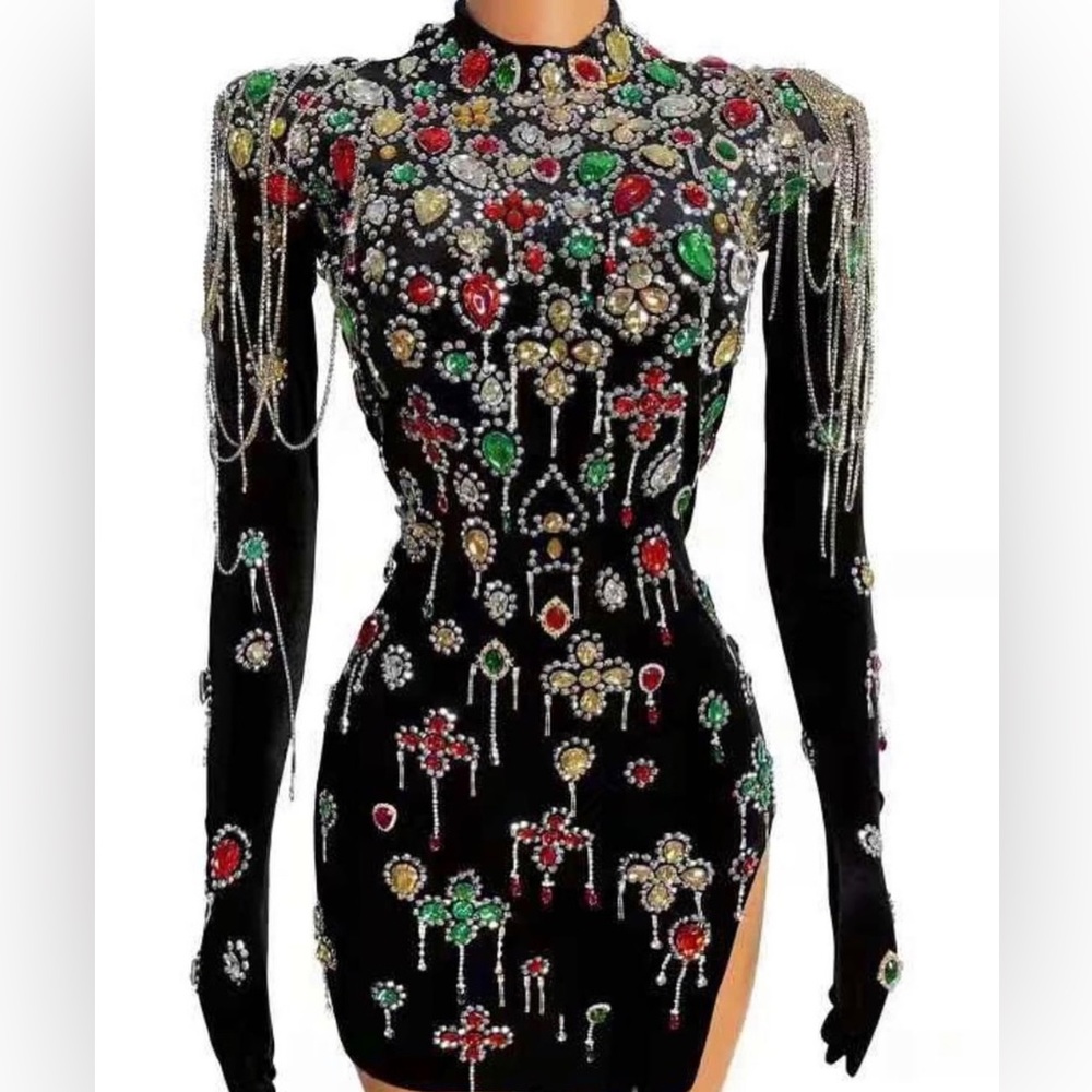 Embellished velvet mini dress with attached gloves